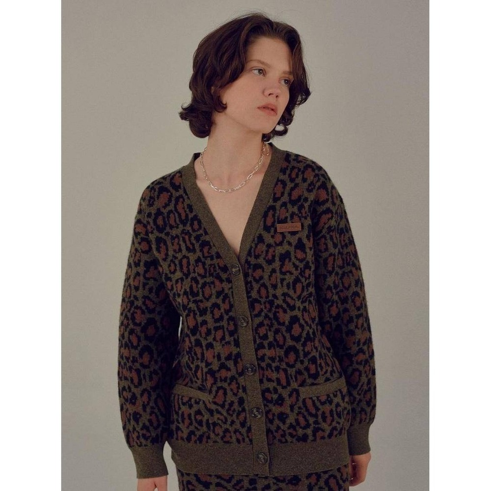 Sculptor Leopard Print Cardigan Sweater Womens L Green Wool Blend Oversized